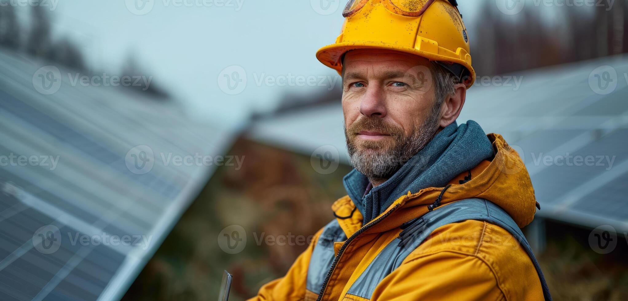 AI generated Engineer holding a tablet in front of solar panels. A man wearing a hard hat and yellow jacket stands at a worksite, ready for construction work. photo