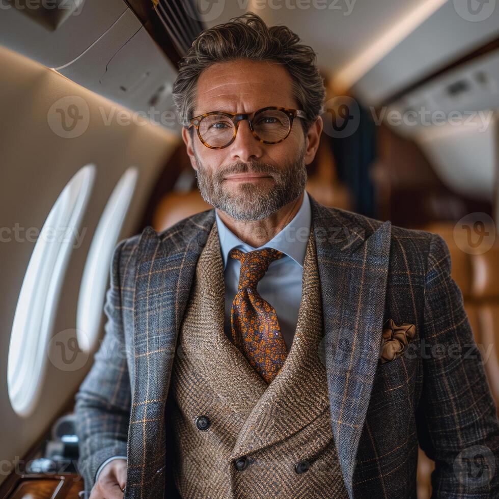 AI generated Businessman in business suit standing next to a plane. A professional man wearing a suit and tie sits in an airplane, ready for a business trip. photo