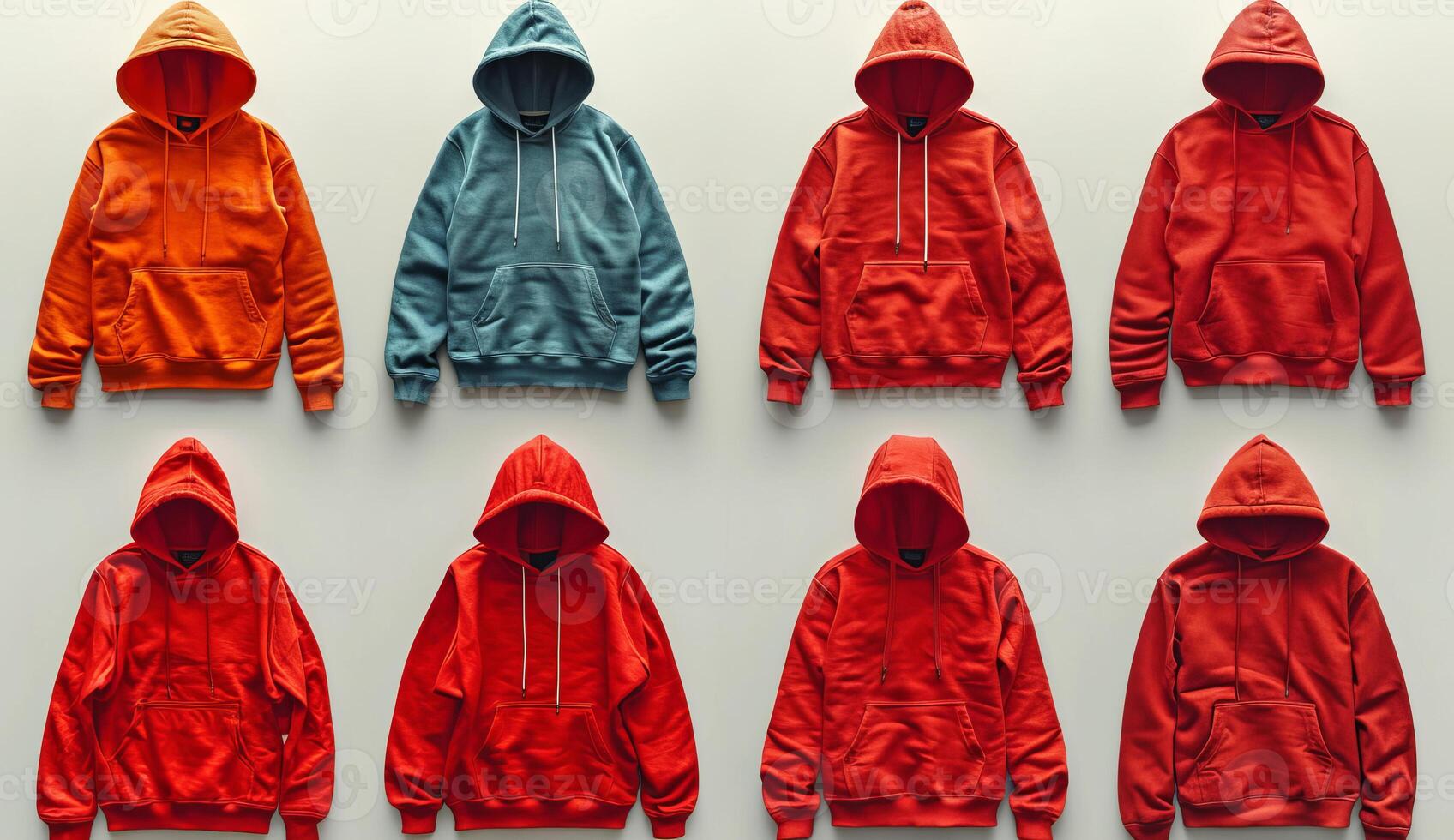 AI generated Red hoodies on a white background. A collection of different colored hoodies displayed on a plain white background. photo