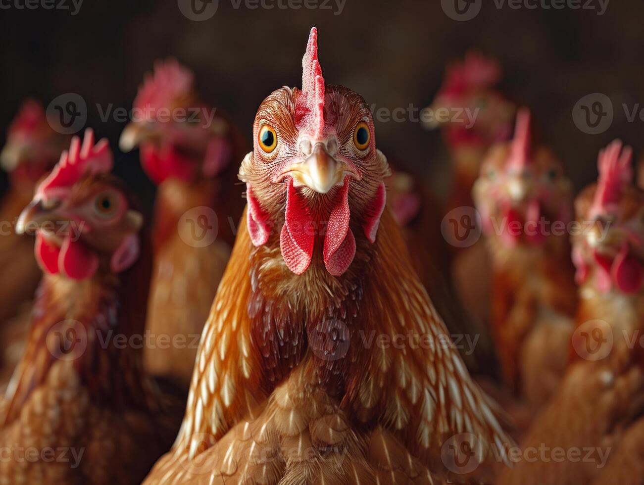 AI generated A large group of chickens standing. A photo capturing a lively group of chickens standing side by side, showcasing their unique feathers and personalities.