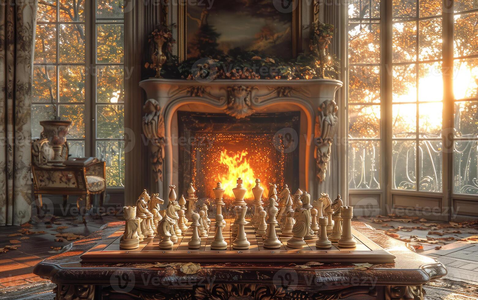 AI generated Chess game on a desk. A captivating scene of a large chess set positioned in front of a warm fireplace. photo