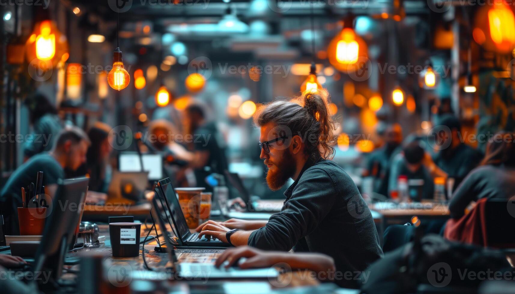 AI generated Group of people in a room. A man is focused and productive as he works or studies on his laptop at a table. photo