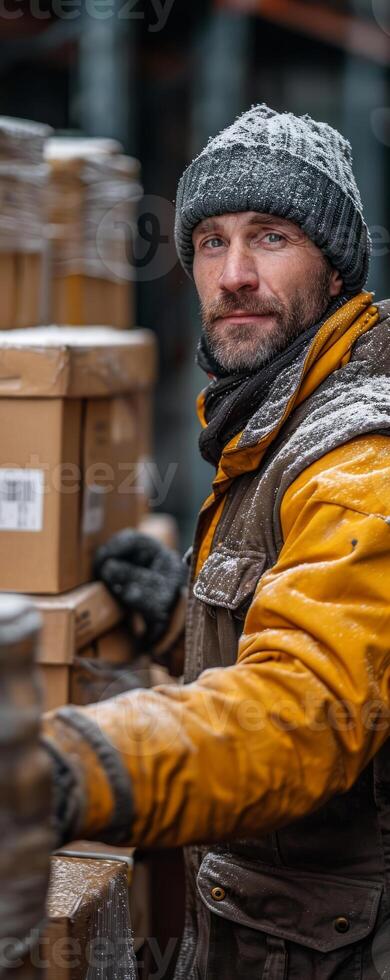 AI generated Warehouse and delivery man loading boxes. A man wearing a yellow jacket and gray hat stands outdoors. photo