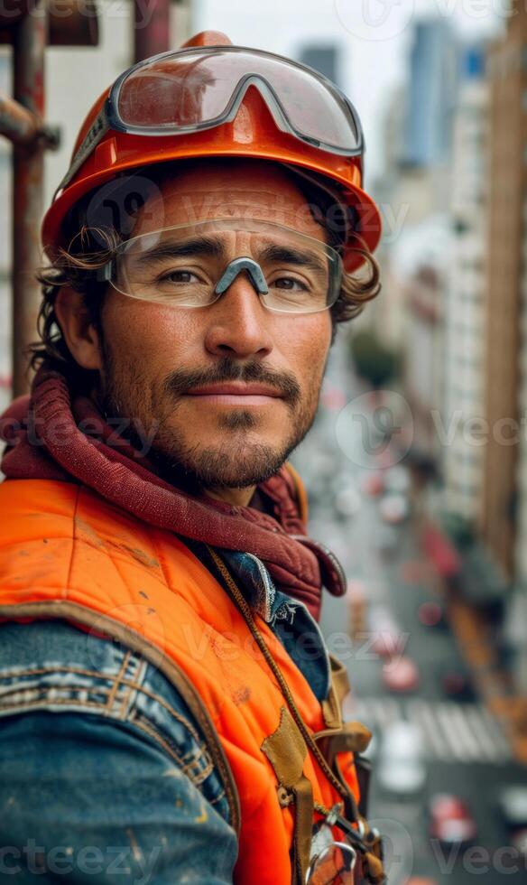 AI generated Engineer man wearing an orange hard hat vest. A man working in a construction site wearing a yellow safety helmet and protective goggles. photo