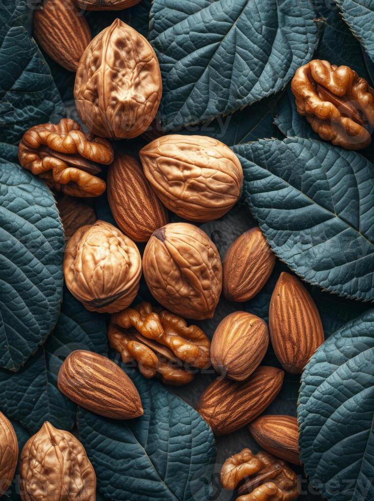 AI generated Almonds and walnuts on white background. A captivating image showcasing a diverse variety of nuts surrounded by lush leaves, an ode to the richness and beauty of the natural world. photo
