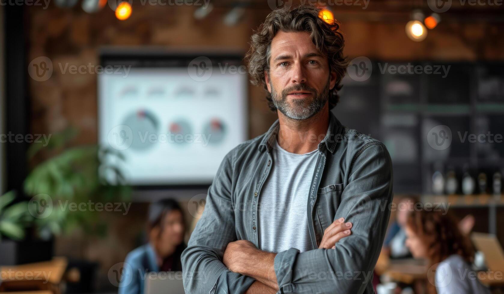 AI generated Man Giving Presentation in Front of Group of People. A man standing confidently in front of a diverse group of individuals. photo