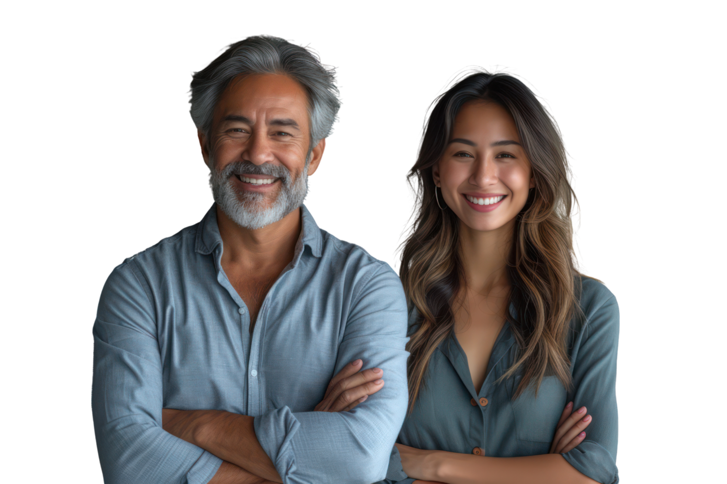 AI generated Couple of smiling mature Latin business man and asian business woman standing arms crossed isolated on transparent background png