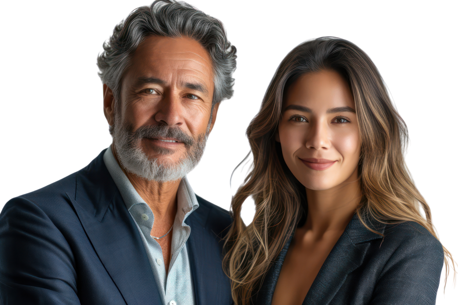 AI generated Couple of smiling mature Latin business man and asian business woman standing arms crossed isolated on transparent background png