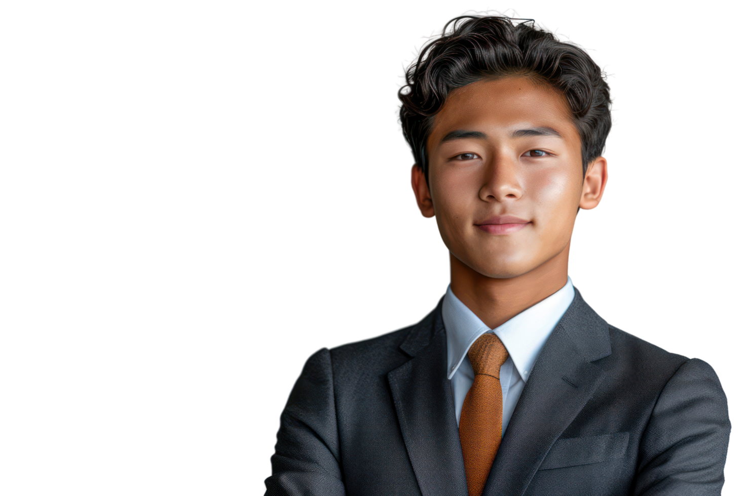 AI generated Smiling asian young man wearing a suit and tie, hugging his chest, looking off to the side, isolated on transparent background png