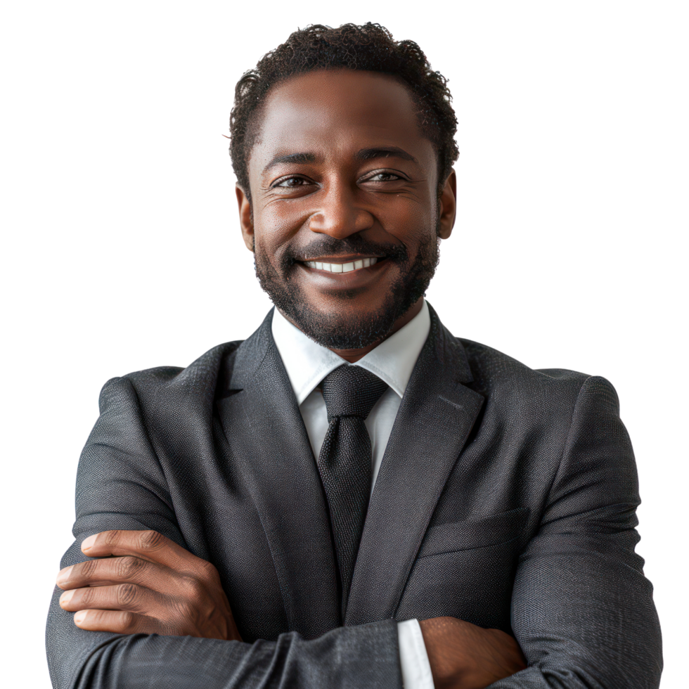 AI generated Smiling black male businessman Isolated on transparent background. png