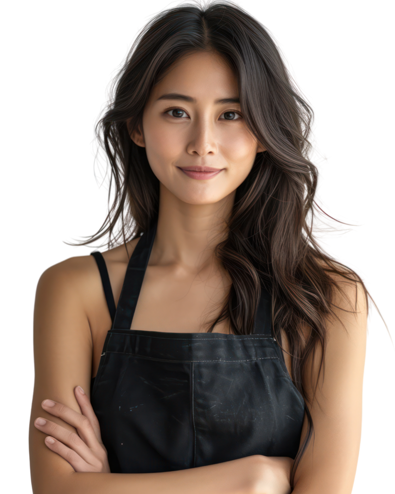 Young beautiful Asian woman wearing an apron smiling as a waitress or shop owner isolated on transparent background. png