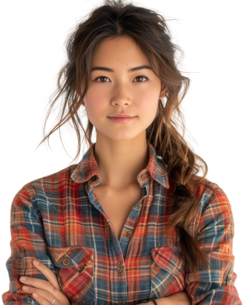 Beautiful young asian woman wearing a plaid shirt isolated on transparent background. png