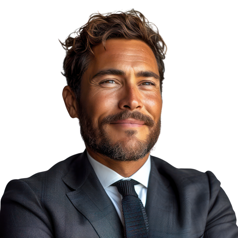 Smiling middle-aged male businessman in suit, isolated on transparent background. png