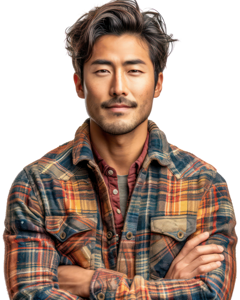 AI generated Handsome young Asian man wearing a plaid shirt isolated on transparent background. png