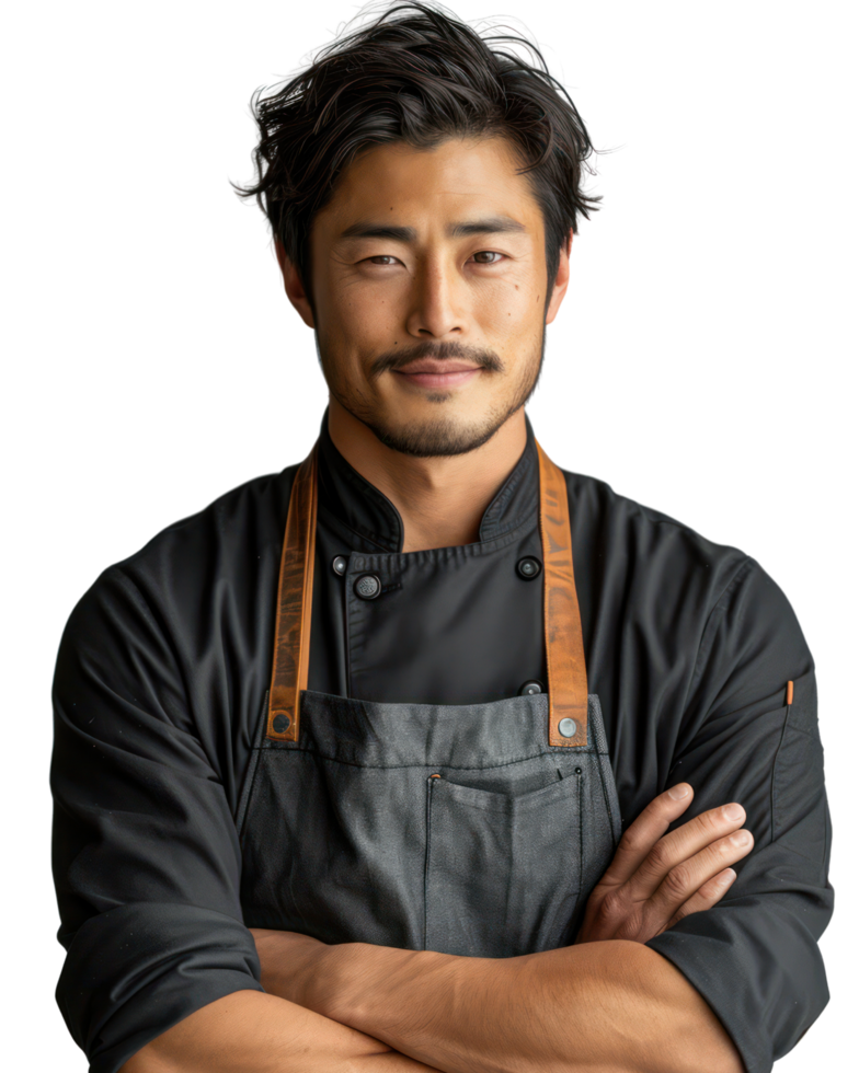 Asian man wearing an apron smiles as a waiter or shop owner. Isolated on transparent background. png