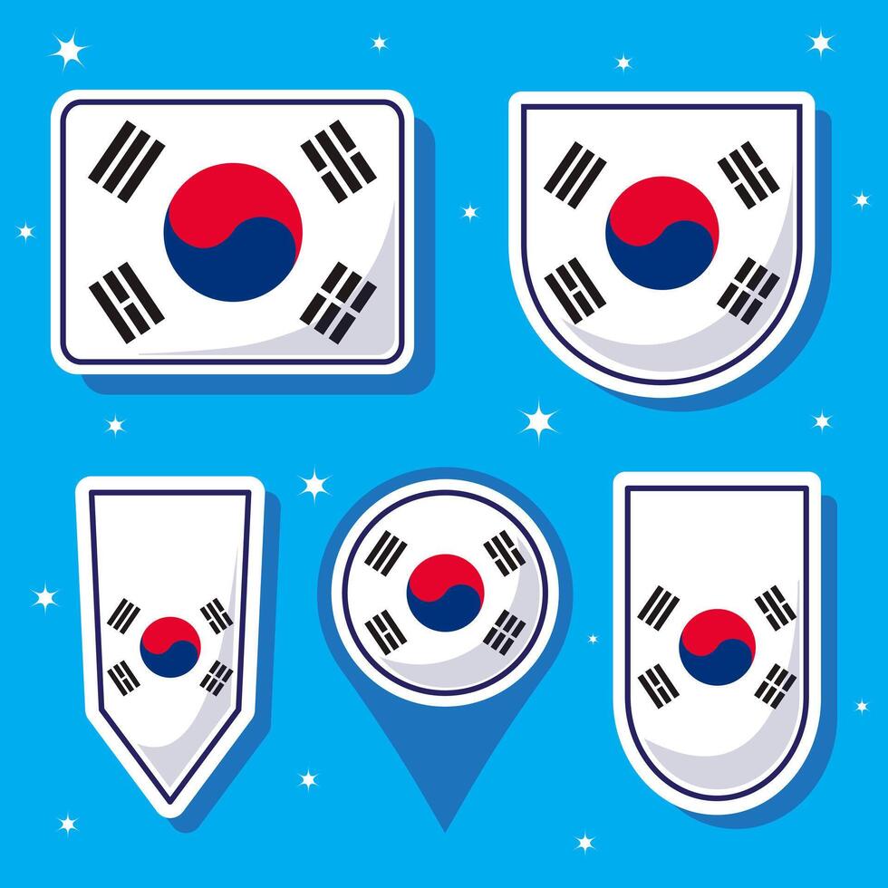 South korea national flag cartoon vector icon mascot bundle packs. Asian country flag collection template