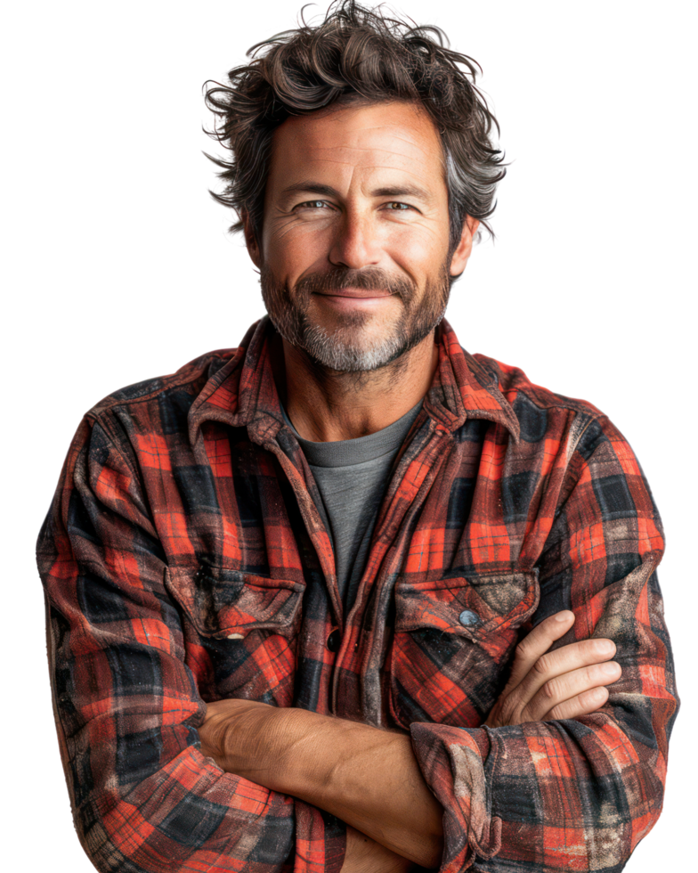 Handsome man wearing a plaid shirt isolated on transparent background. png