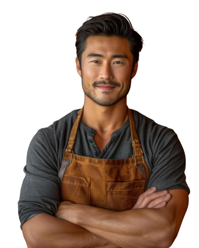 Asian man wearing an apron smiles as a waiter or shop owner. Isolated on transparent background. png