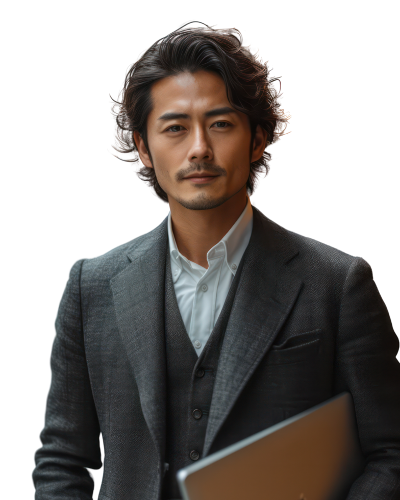 Young Asian business man holds laptop isolated on transparent background. png