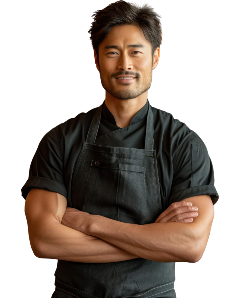 Asian man wearing an apron smiles as a waiter or shop owner. Isolated on transparent background. png