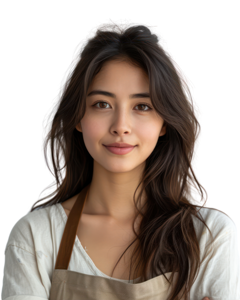 Young beautiful Asian woman wearing an apron smiling as a waitress or shop owner isolated on transparent background. png