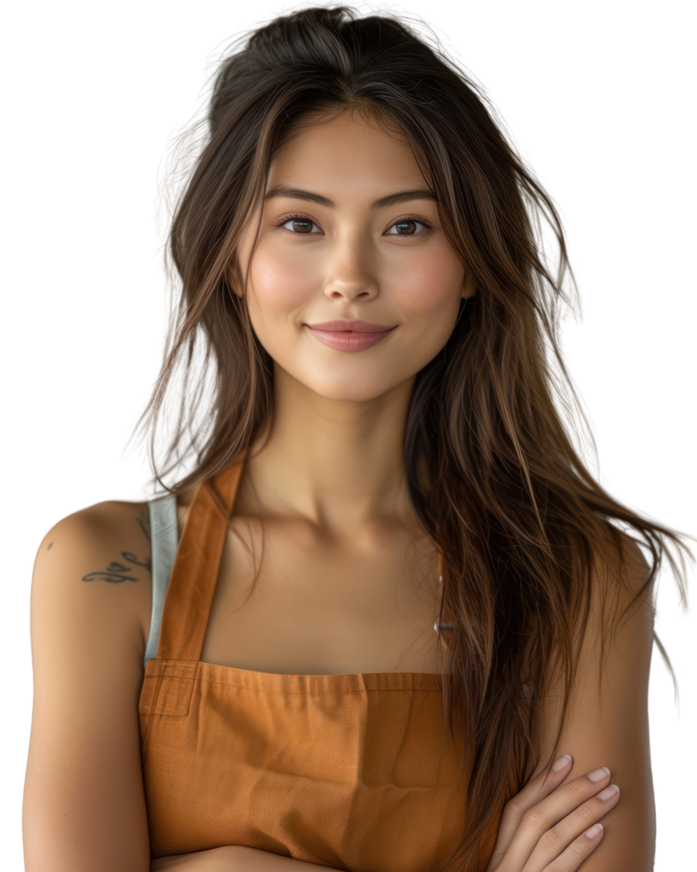 Young beautiful Asian woman wearing an apron smiling as a waitress or shop owner isolated on transparent background. png