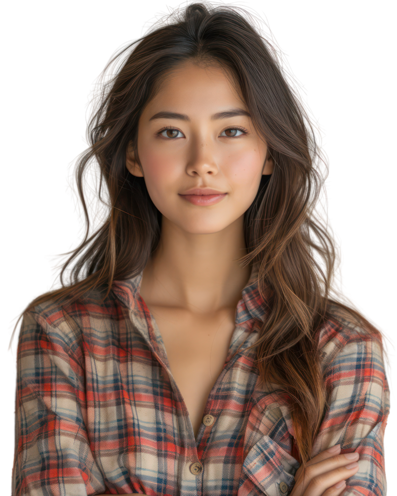 Beautiful young asian woman wearing a plaid shirt isolated on transparent background. png