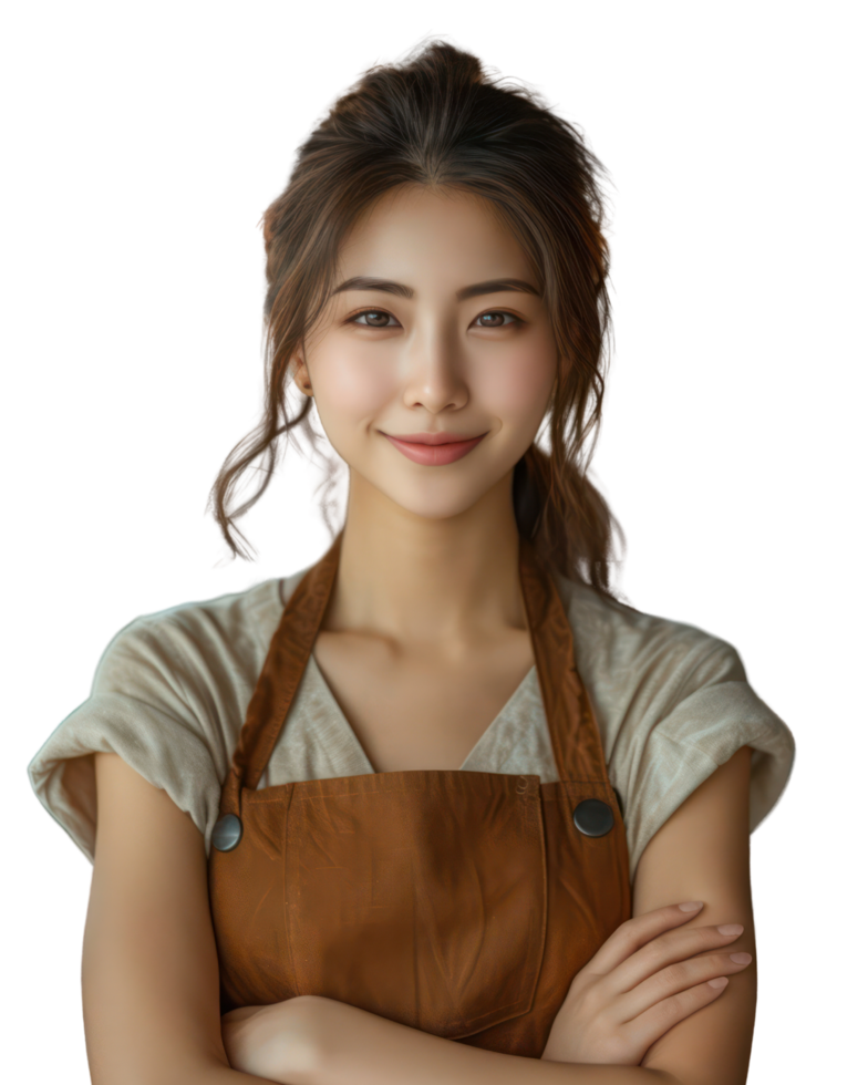 Young beautiful Asian woman wearing an apron smiling as a waitress or shop owner isolated on transparent background. png