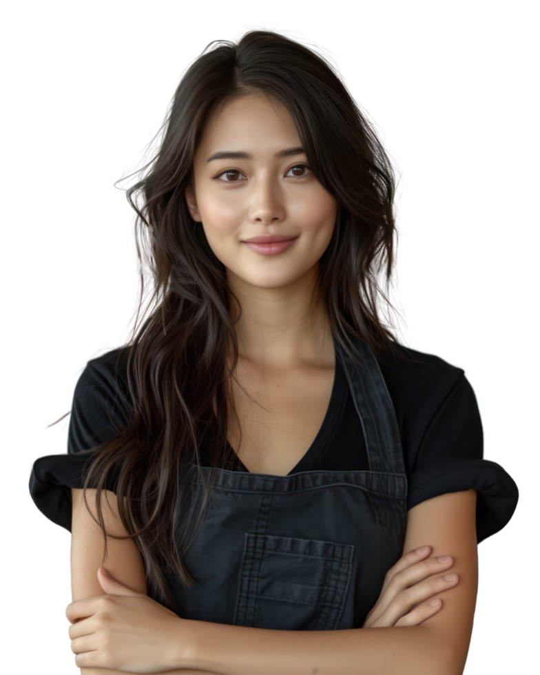 Young beautiful Asian woman wearing an apron smiling as a waitress or shop owner isolated on transparent background. png