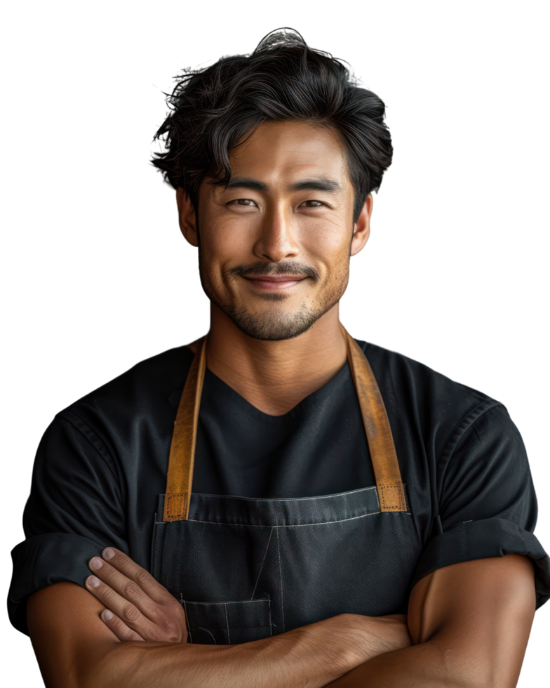 Asian man wearing an apron smiles as a waiter or shop owner. Isolated on transparent background. png