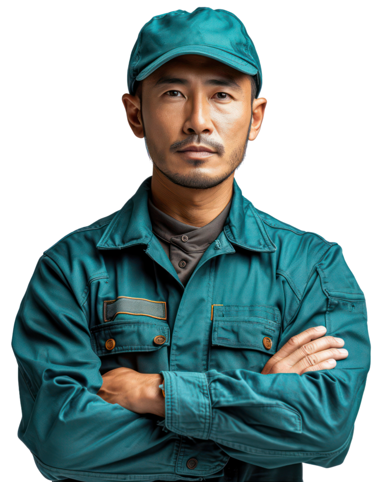 Young asian man wearing warehouse worker unifrom isolated on transparent background png