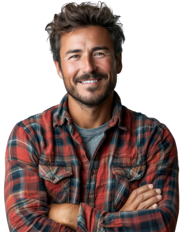 Handsome man wearing a plaid shirt isolated on transparent background. png