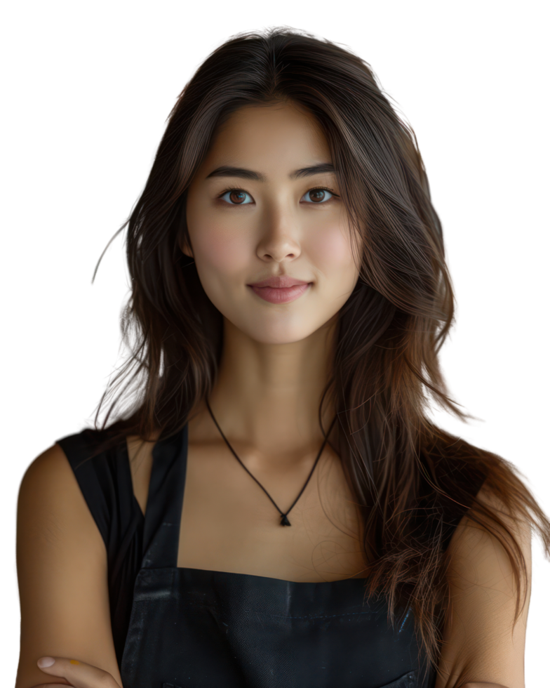 Young beautiful Asian woman wearing an apron smiling as a waitress or shop owner isolated on transparent background. png