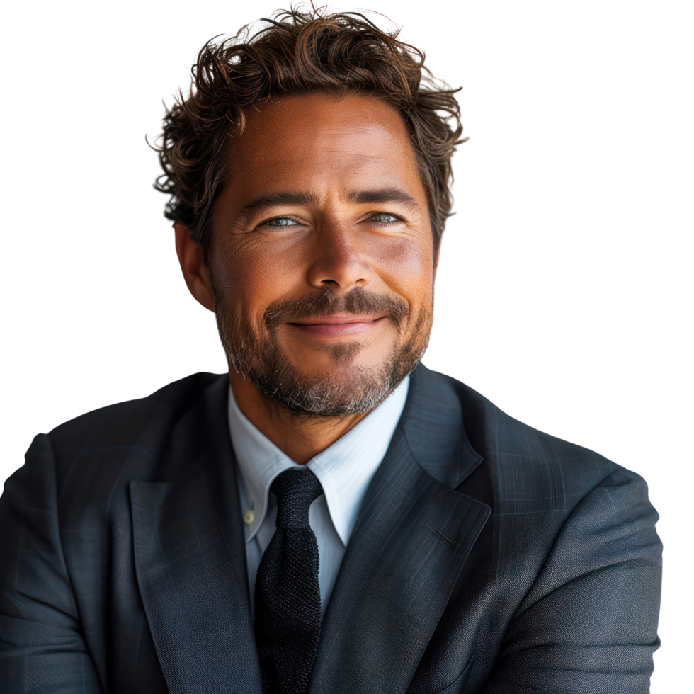 Smiling middle-aged male businessman in suit, isolated on transparent background. png