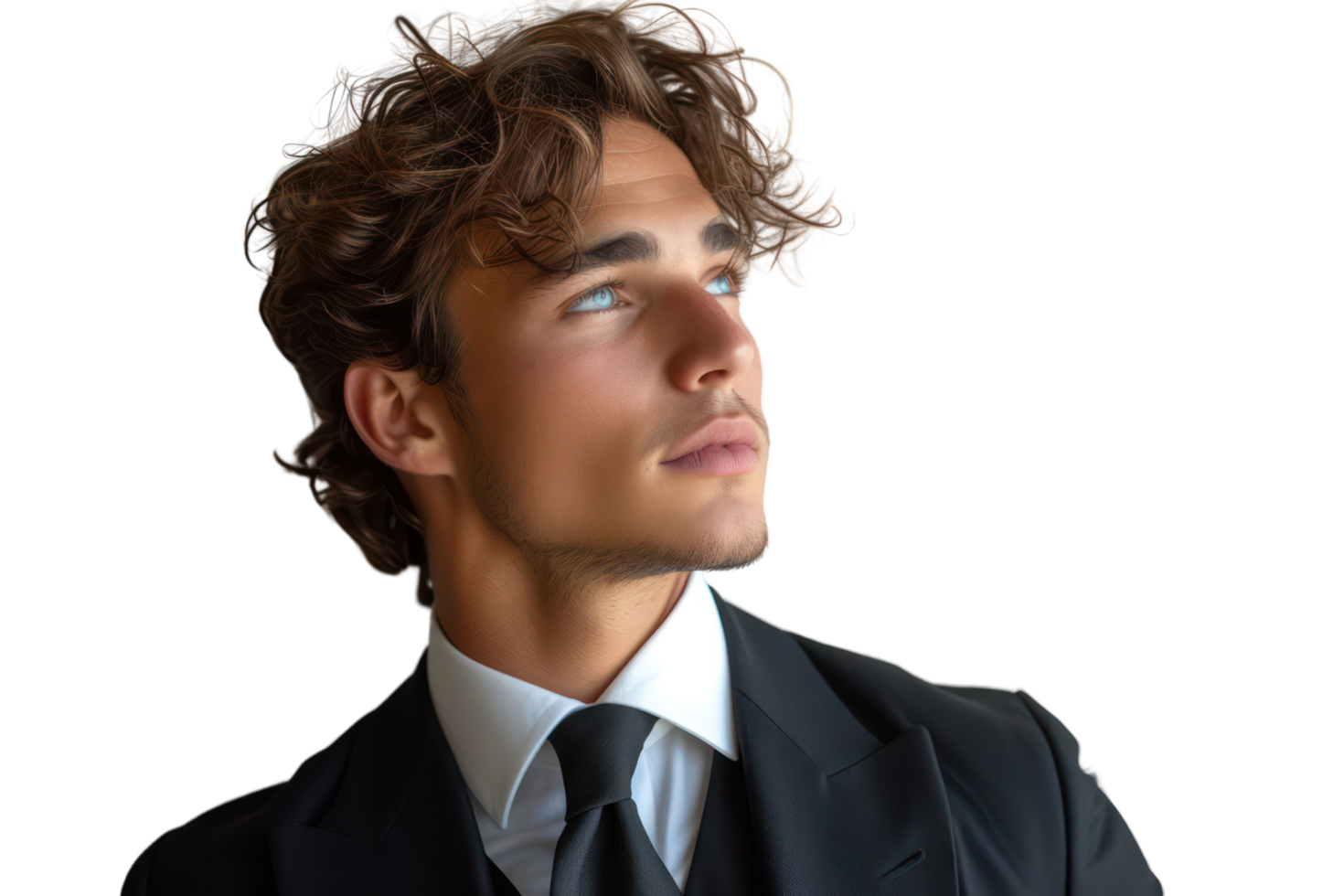 AI generated Handsome young man wearing a suit and tie, hugging his chest, looking off to the side, isolated on transparent background png
