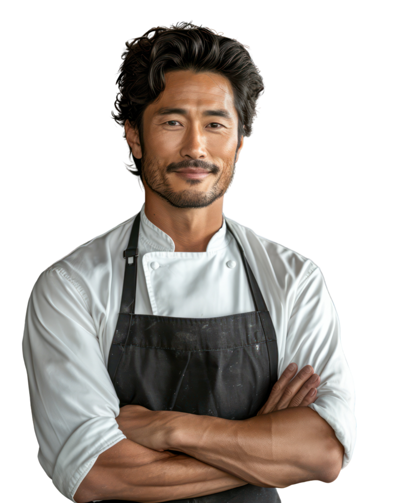 Asian man wearing an apron smiles as a waiter or shop owner. Isolated on transparent background. png