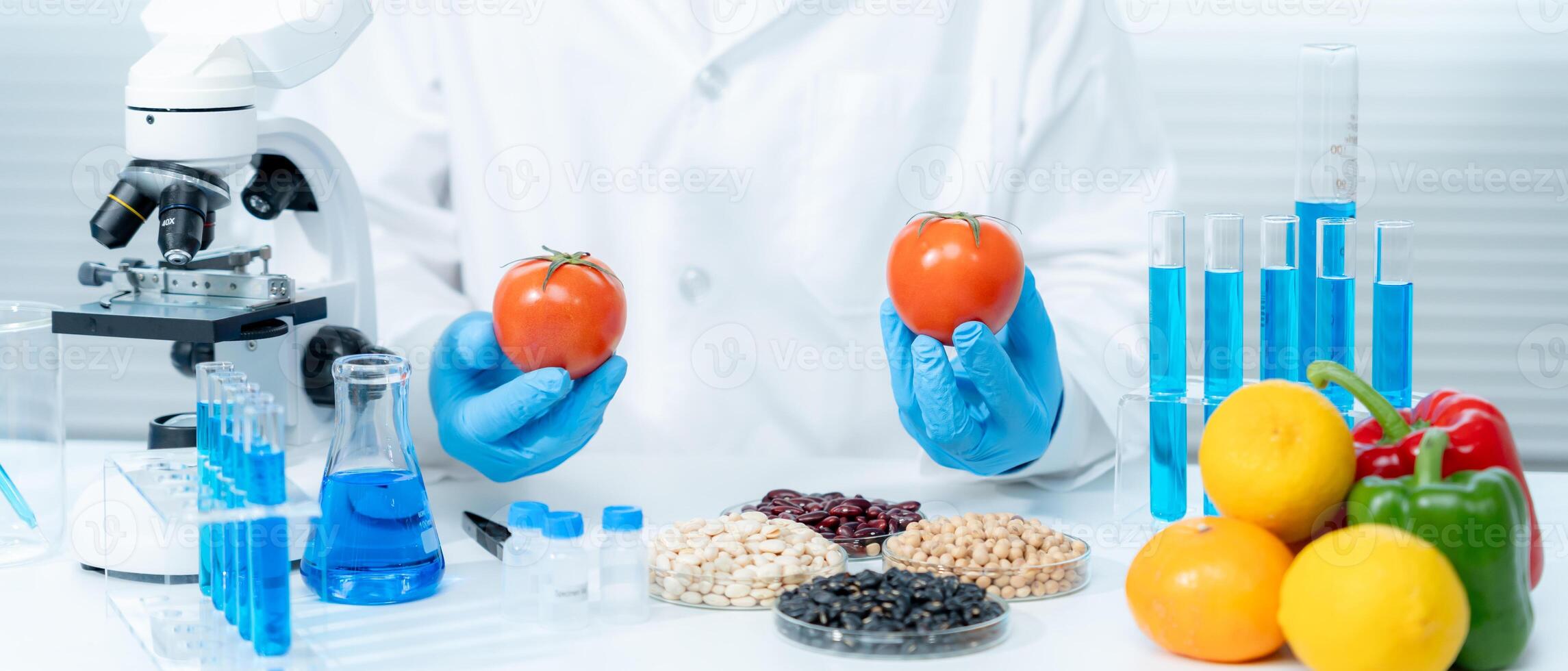 Scientist check chemical food residues in laboratory. Control experts inspect quality of fruits, vegetables. lab, hazards, ROHs, find prohibited substances, contaminate, Microscope, Microbiologist photo