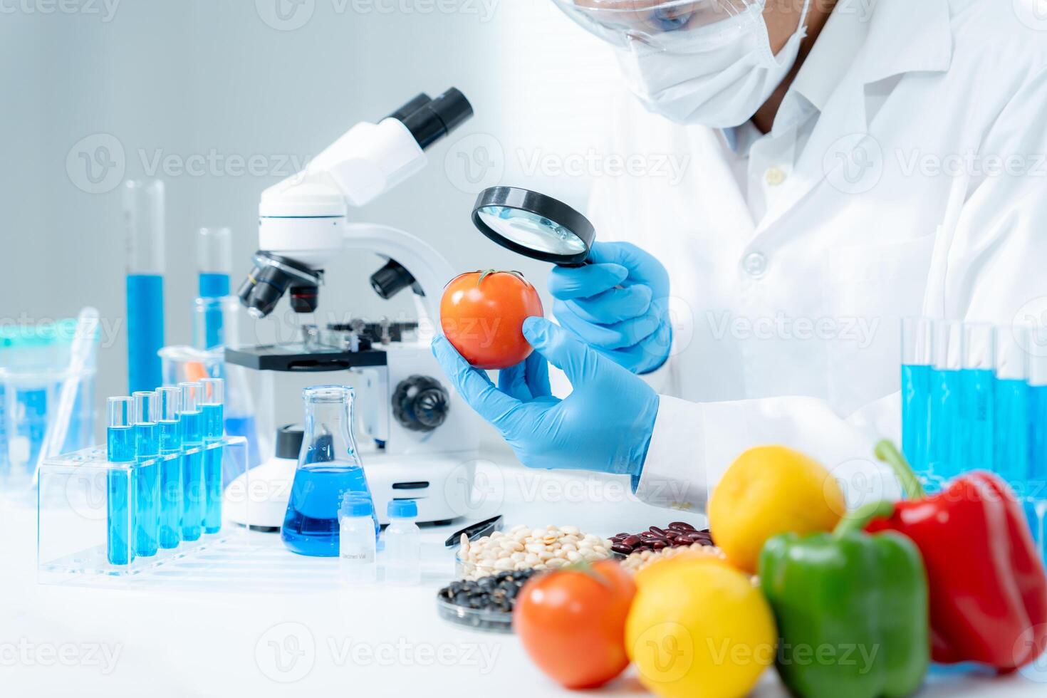 Scientist check chemical food residues in laboratory. Control experts inspect quality of fruits, vegetables. lab, hazards, ROHs, find prohibited substances, contaminate, Microscope, Microbiologist photo