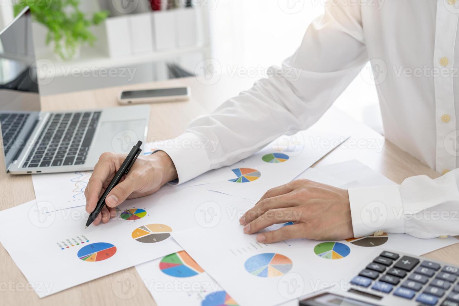 Business men calculate benefit, spreadsheets, graph financial development, bank accounts, statistics, economy, data analysis, investment analysis, stock exchange,Interest rates, income photo