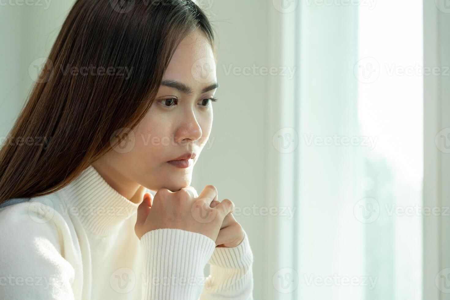 Unhappy asian woman girl disappointed, sad about problem in home alone, feel lonely, Stressed, suffering from bad relationship, break up, divorce, female confused, depression mental health, loneliness photo