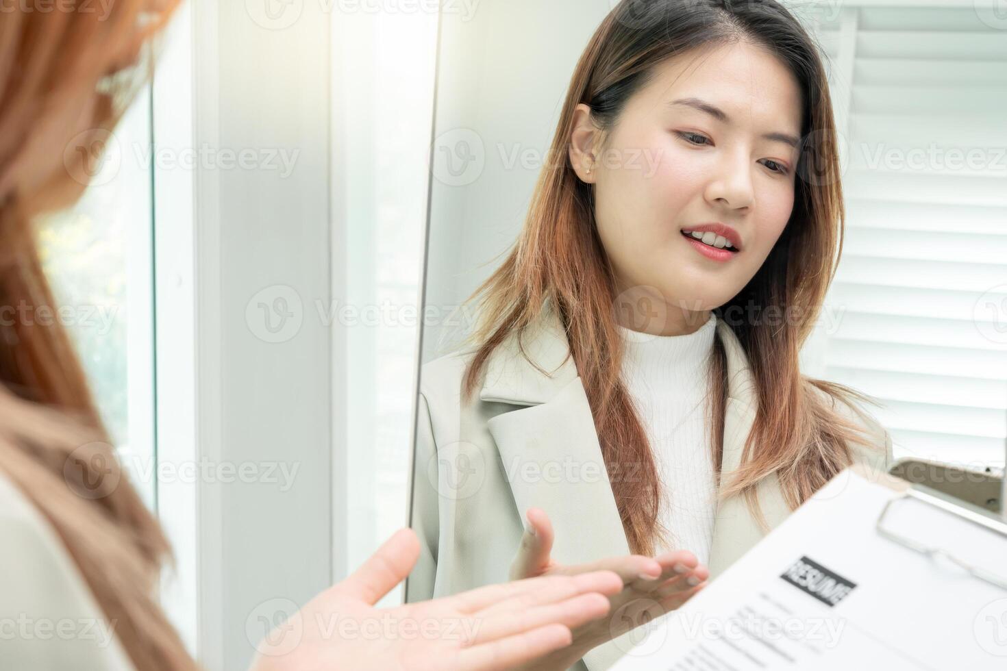 Beautiful woman preparing before job interview, building confidence, job applicants resume to position vacancies, find human. Human resource, letters, competence, new graduate, looking for work photo