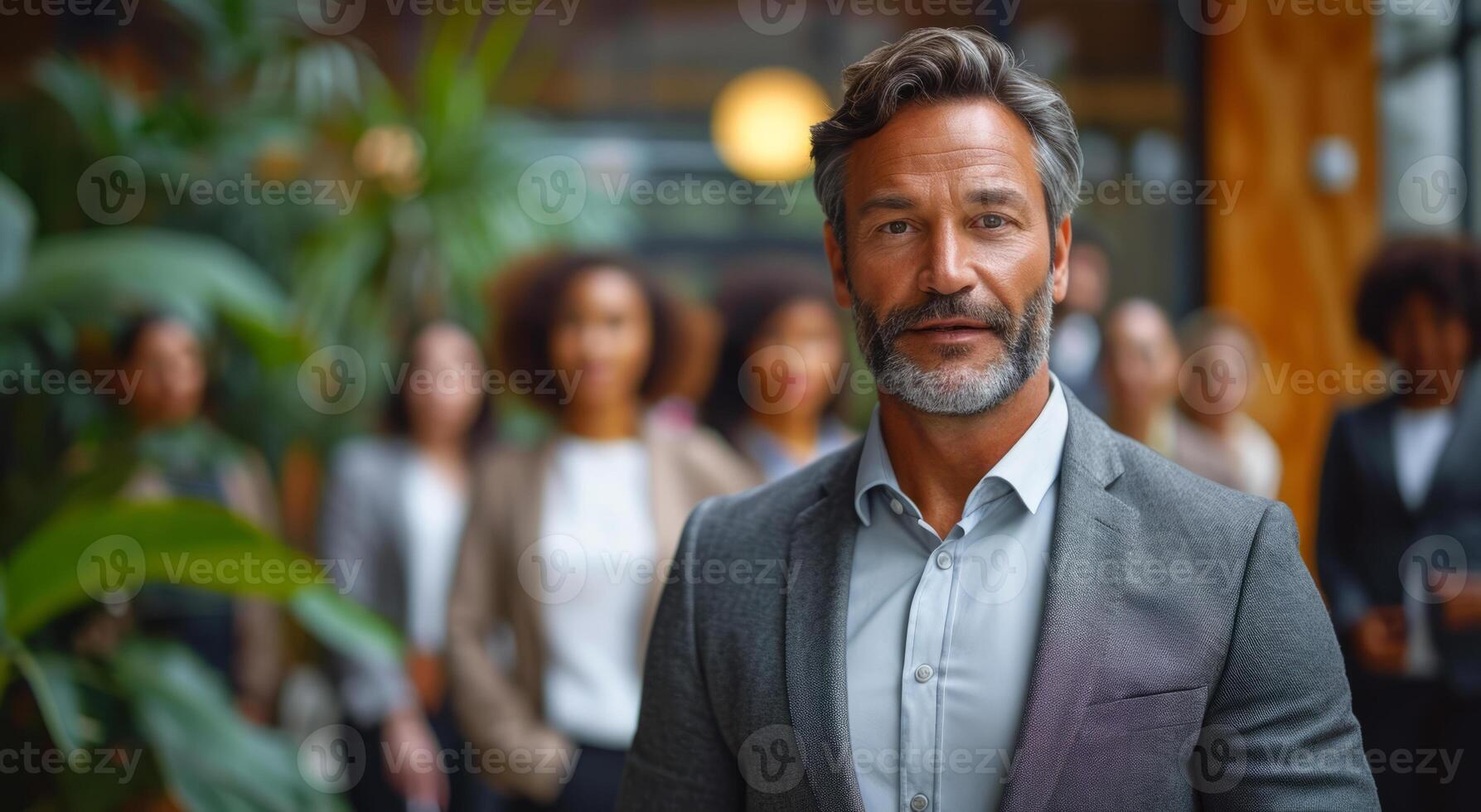 AI generated Business man talking to a group. Man Standing in Front of Group of People at Conference photo
