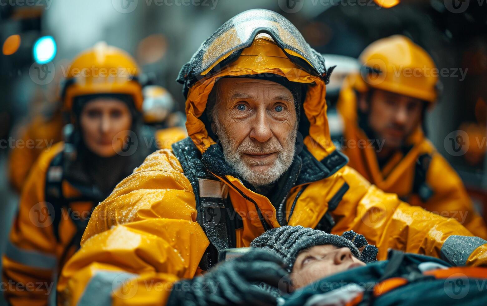 AI generated Medical officer and a first responder. A man wearing a bright yellow jacket stands amidst a group of other individuals. photo