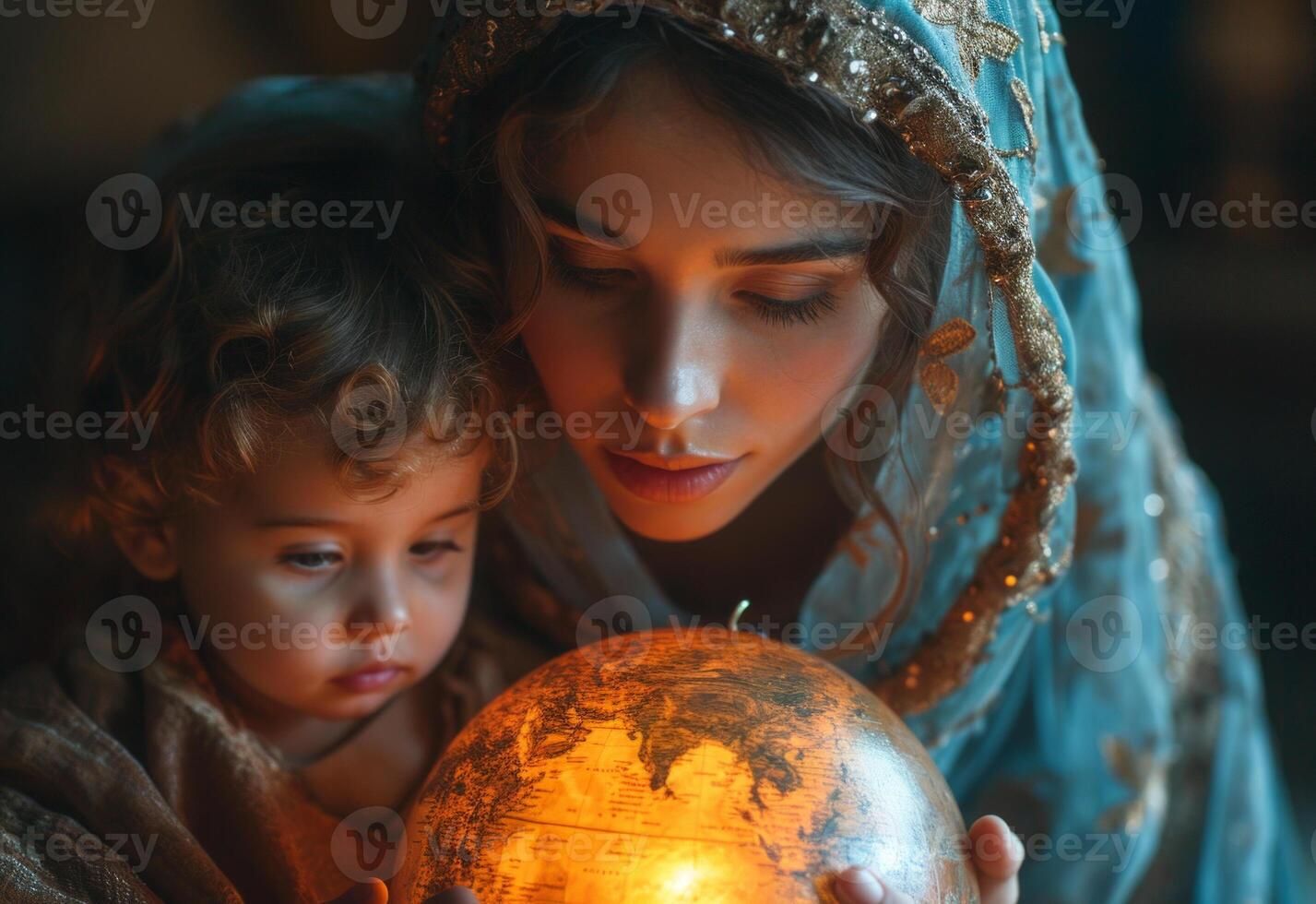 AI generated Mother and daughter looking at globes. A woman and child engage in a shared experience as they study a globe, promoting curiosity and knowledge. photo