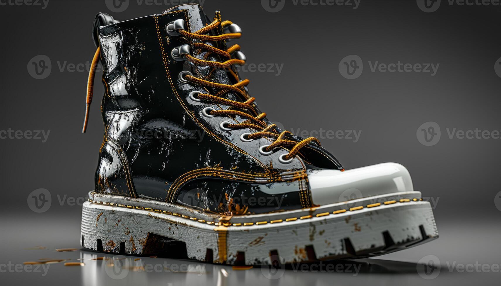 AI generated A pair of black and white platform boots. These timeless black and white shoes with yellow laces are versatile and suitable for any event or activity. photo