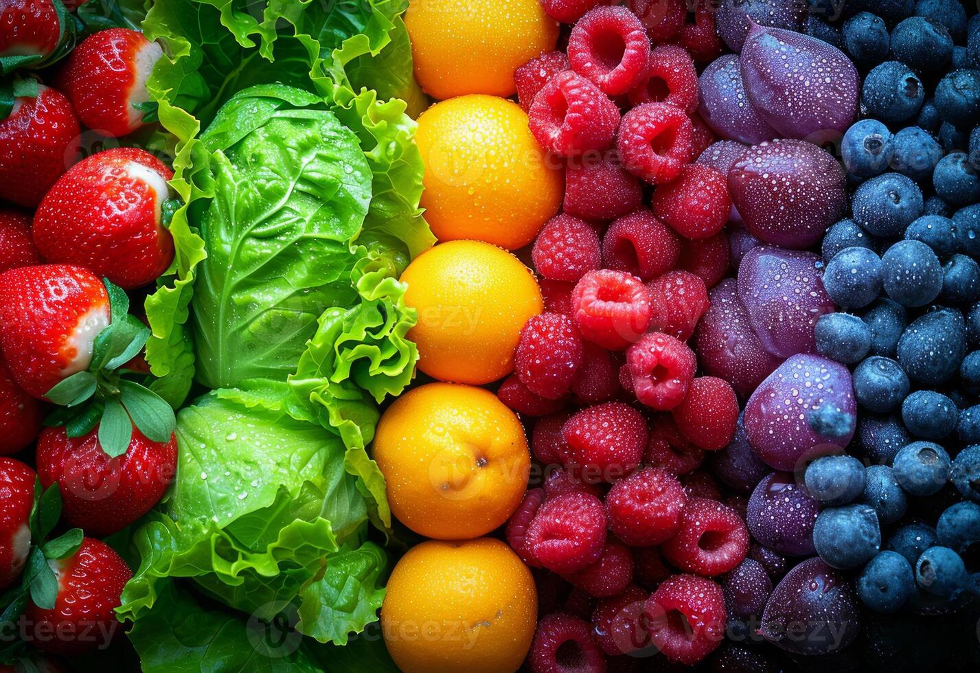 AI generated Fruits and vegetables health benefits. A colorful assortment of various fruits and vegetables arranged together, creating an eye-catching display. photo