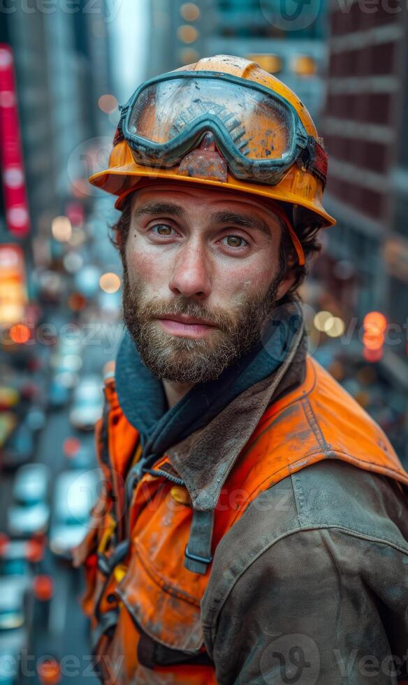 AI generated Engineer man wearing an orange hard hat. A man sporting a beard dons a helmet and goggles for safety. photo