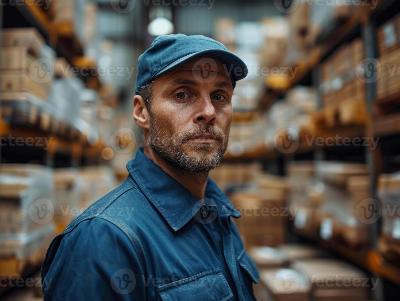 AI generated Man wearing a blue uniform in warehouse. A man wearing a blue shirt and hat stands in a busy warehouse among shelves and equipment. photo