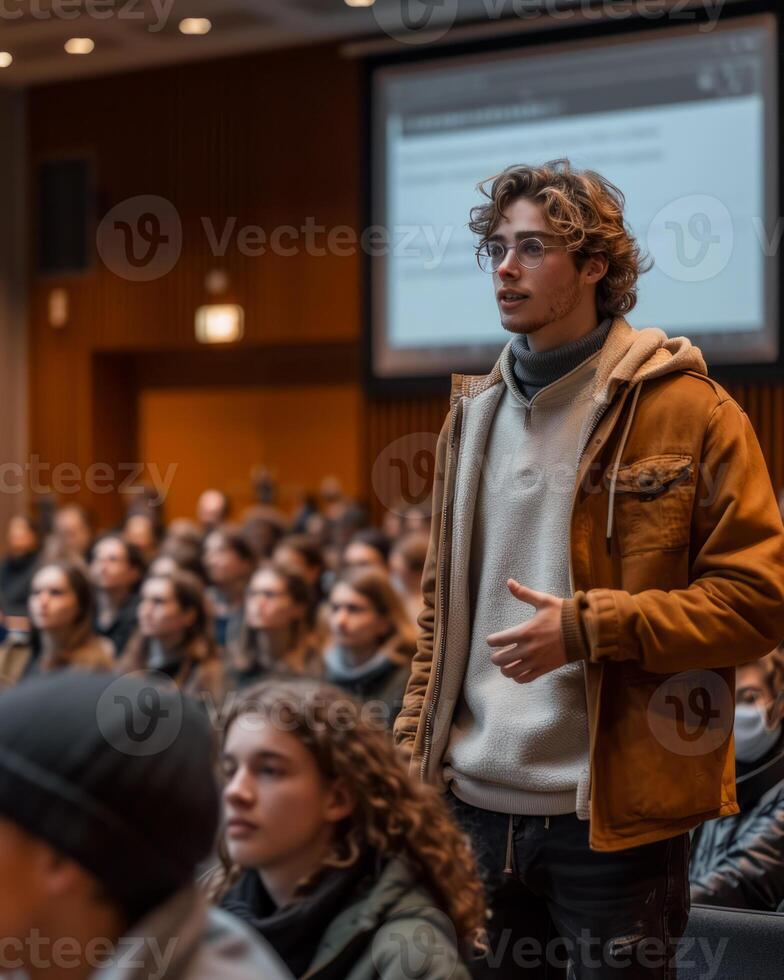AI generated An employee is presenting to a room full of people. A man confidently stands before a large gathering of people, delivering a captivating speech that captivates the audience. photo