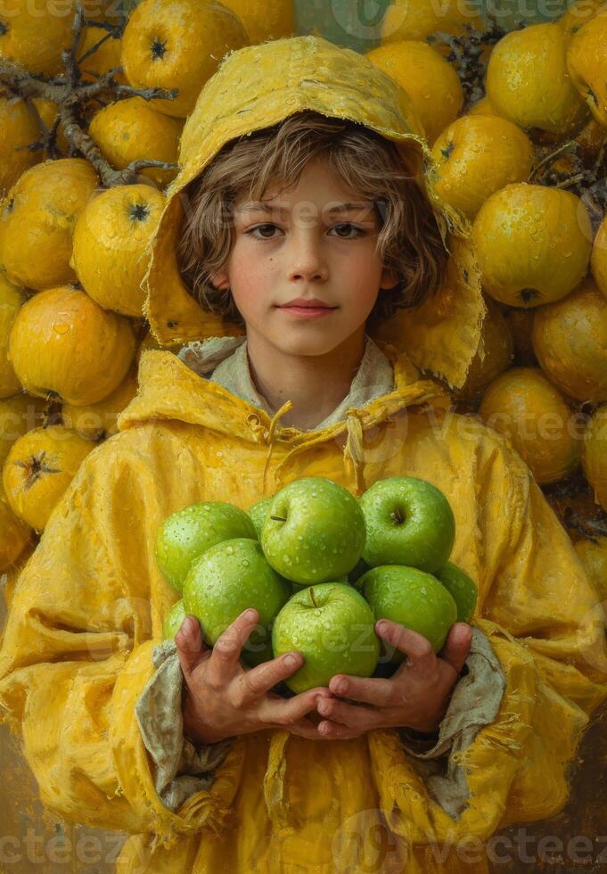 AI generated Boy in Yellow Raincoat Holding Bunch of Green Apples. An adorable boy wearing a bright yellow raincoat holds a bunch of fresh, juicy green apples in his hands. photo